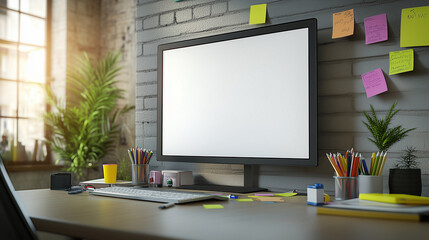 Fototapeta premium team brainstorming office with a whiteboard displaying a plain white screen mockup, with sticky notes and markers scattered around,
