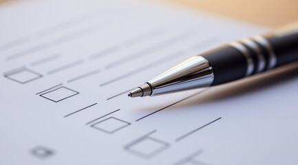 A close-up of an advertising form with check boxes, ready for someone to link their skills and experience against the lines on the paper. A pen is placed next to it, as if about to