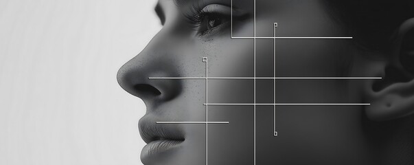 a dotted matrix grid of a face emerging from gray circuit lines on a gray on white background