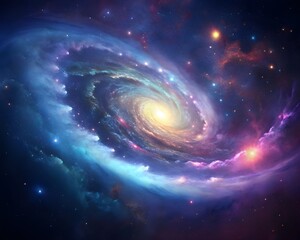 Serene Spiral Galaxy with Glowing Core Surrounded by Colorful Nebula and Stars  background