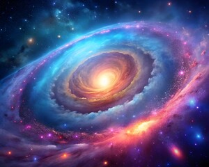 Serene Spiral Galaxy with Glowing Core Surrounded by Colorful Nebula and Stars  background