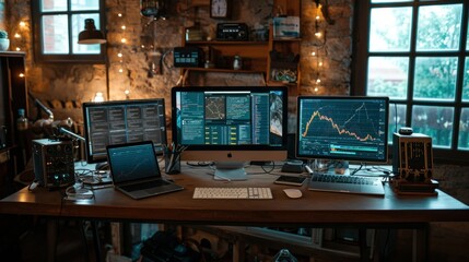 A modern desk with three monitors and two laptops on it