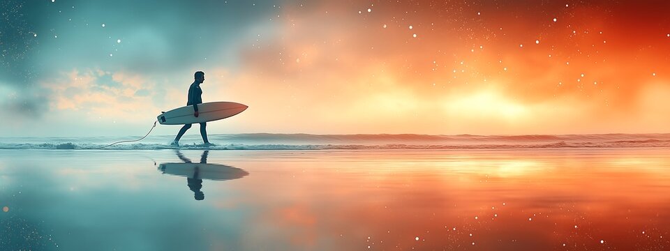 Surfer walking on the beach with their surfboard at sunset, long exposure photography. Background is blurred to emphasize the surfer and the ocean, abstract, minimalist composition