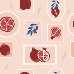 Pomegranates geometric emblem seamless pattern. Rectangle and round badge repeat surface background. Square and oval labels with fruit and leaves. Vector hand drawn illustration.