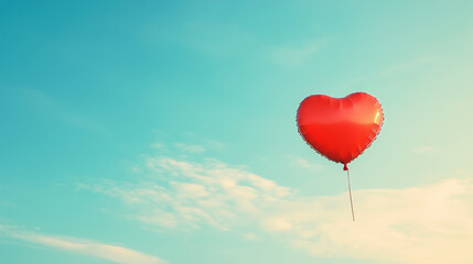 Fototapeta premium Charity concept, heart-shaped balloon floating against a clear sky, soft and bright lighting, minimalistic with clean lines, copy space on the right, symbolizes uplifting spirit