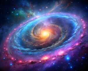 Serene Spiral Galaxy with Glowing Core Surrounded by Colorful Nebula and Stars  background
