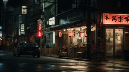 Fototapeta premium A vibrant city street adorned with colorful Chinese signs on various buildings