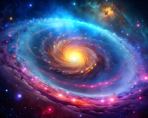 Serene Spiral Galaxy with Glowing Core Surrounded by Colorful Nebula and Stars  background