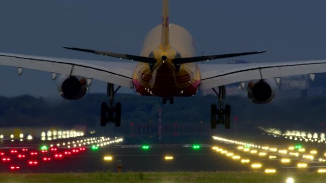 SCHIPHOL, NETHERLANDS - 25 AUGUST, 2024: DHL airplane approaching a runway during dusk, with runway lights and distant city buildings in the background