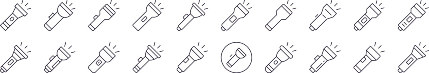 Bundle of Line Icons of Flashlight. Editable Stroke. Minimalistic Linear Pictogram for Design of Cards, Apps, Banners, Posts