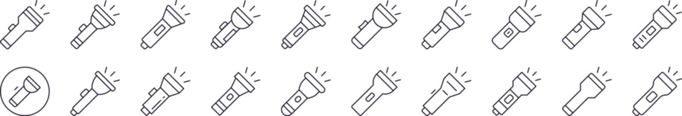 Pack of Line Icons of Flashlight. Editable Stroke. Minimalistic Linear Pictogram for Design of Cards, Apps, Banners, Posts