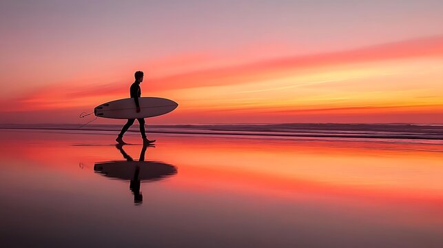 Surfer walking on the beach with their surfboard at sunset, long exposure photography. Background is blurred to emphasize the surfer and the ocean, abstract, minimalist composition