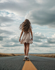 Girl Skateboarding Down Open Road Beneath Clouds