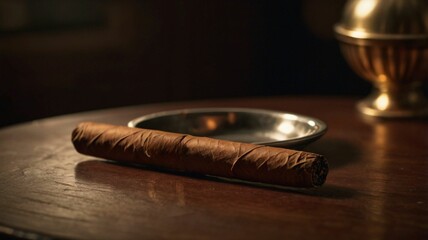 Exquisite Hand-Rolled Cigar Resting Elegantly on a Silver Ashtray 