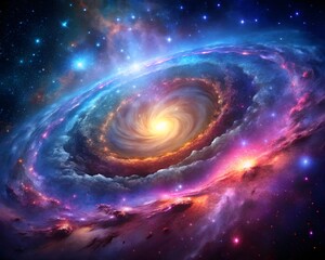 Serene Spiral Galaxy with Glowing Core Surrounded by Colorful Nebula and Stars  background