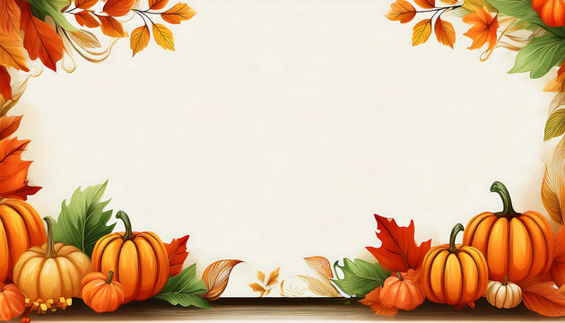  Autumn leaves and pumpkins border with text space on a white background, ideal for seasonal_1(93)
