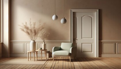 an interior design scene with minimalist style, a beige wall with white wooden door, a light green armchair on wooden floor, a wooden side table with vase and dried branches, pendant lamps hanging fro