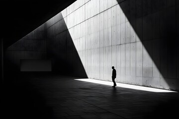 A man stands in a dark room with a wall in the background