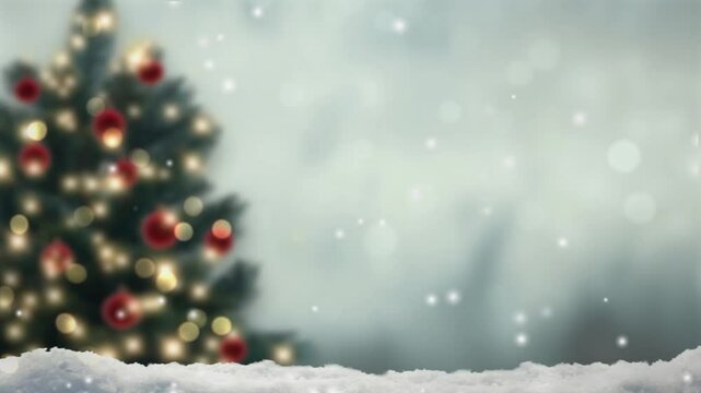 blurred decorated christmas tree with fairy lights and red spheres isolated on bokeh light animation with falling snowflakes and copy space