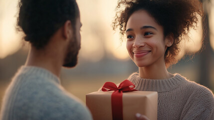 A joyful couple shares special moment as one presents beautifully wrapped gift with red ribbon. warm sunset creates romantic atmosphere, enhancing their connection.