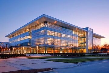 Modern Office Building with Glass Facade and Landscaping