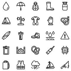 Set of Simple Waterproof Related Vector Line Icons. Contains Icons such as Raindrop, Umbrella, Wetsuit, Raincoat and more. Editable stroke. 48x48 Pixels.