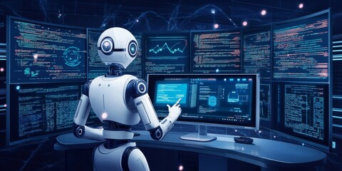 Humanoid AI analyzing data on multiple monitors, with complex graphs and charts displayed.