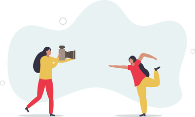 People hobbies and favorite activities.woman photographing model posing.flat design with people.