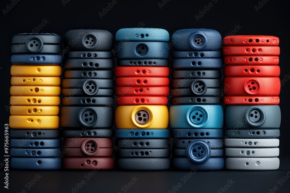 Poster stacked colorful circular objects with various hole patterns