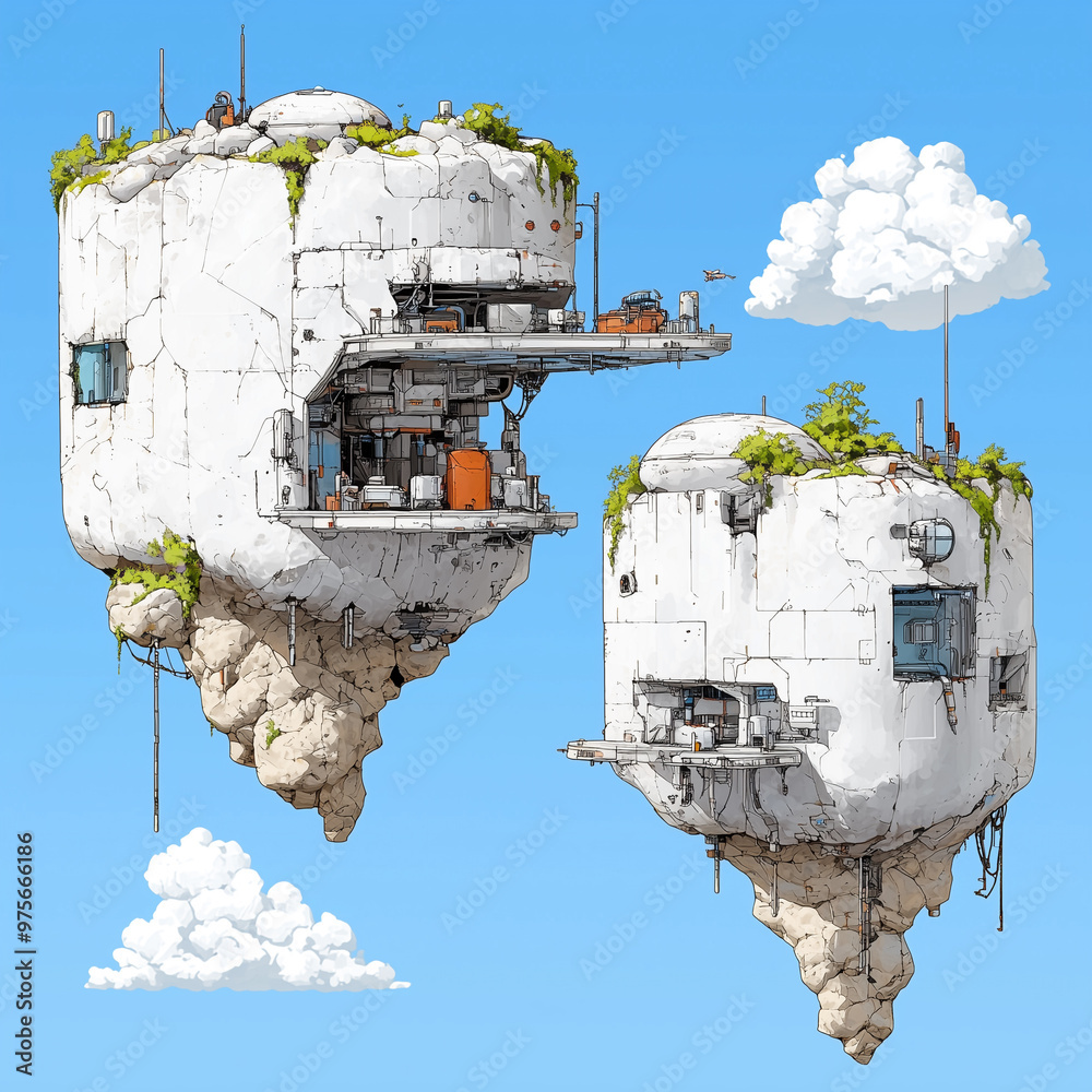 Poster Isometric view of sci fi islands featuring futuristic structures on floating rocks against bright blue sky with clouds. This imaginative scene evokes sense of wonder and creativity