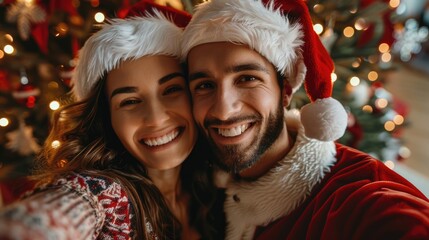 A happy romantic couple dress in Santa Claus costume hug and selfie together at Christmas celebration party between friends and colleague from business company.