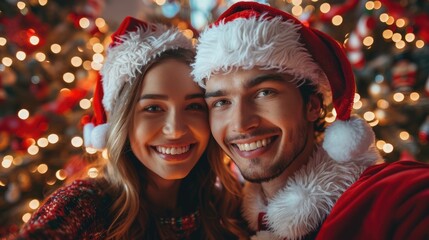 A happy romantic couple dress in Santa Claus costume hug and selfie together at Christmas celebration party between friends and colleague from business company.