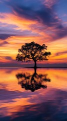 Obraz premium Solitary tree reflecting in tranquil water at sunset, serene landscape. Peace and tranquility concept
