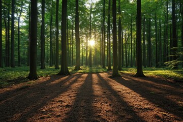Obraz premium Sunbeams Illuminating a Dense Forest Floor