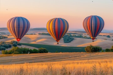 Obraz premium Three Hot Air Balloons Flying Over Rolling Hills at Sunset