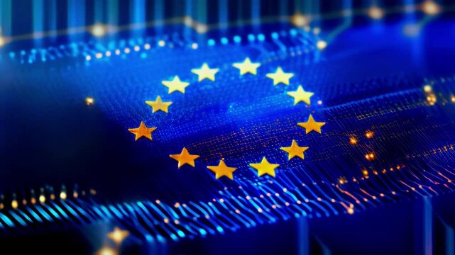 European Union digital technology concept, golden stars on blue circuit board, futuristic innovation, EU data protection, cybersecurity, high-tech network, blockchain, secure digital future.

