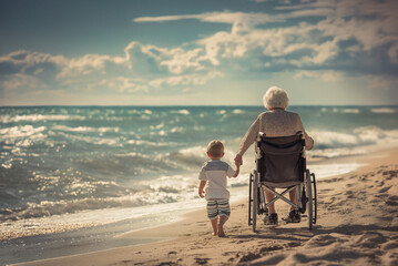 Elderly woman and little granddaughter walk on the beach. Idyllic imagine, love, poetry, past and future. Beginning and end of a life. Old woman in wheelchair, sunset.
