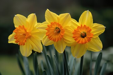 Three Yellow and Orange Daffodils in Bloom