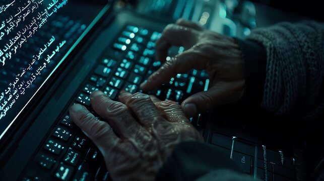 Arab programmer diligently entering commands in a sleek dark command line interface displaying intricate Arabic script symbolizing the fusion of culture and advanced programming techniques