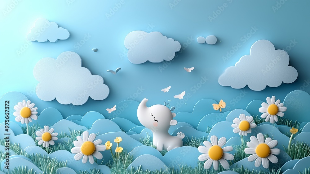 Wall mural Playful white elephant surrounded by daisies in a whimsical blue landscape.