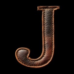 Leather Letter J, Leather Texture Alphabet J Isolated on Black Background, Vintage Texture Typography