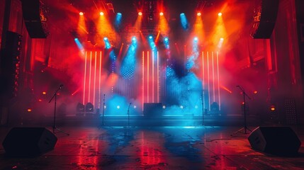 Empty stage with red and blue spotlights and smoke.