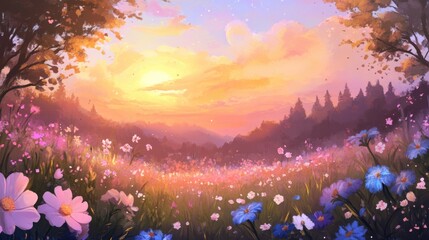 Colorful fairytale sunset over a blooming meadow. Cartoon fantasy style with warm light.