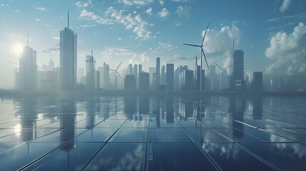 Stunning futuristic city skyline with reflective glass and steel skyscrapers mirroring the clouds and sky on the horizon  Modern urban landscape with modern architecture
