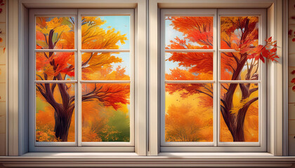  Autumn trees with colorful leaves, seen through two closed white wooden windows, evokin_1(138)