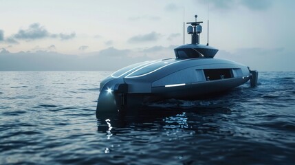 Sleek and powerful high end luxury yacht gliding across the open ocean at sunset reflecting the vibrant colors of the sky in the calm waters