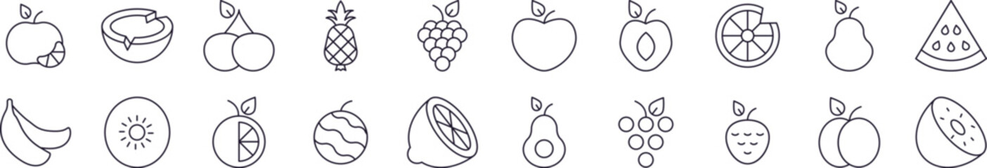 Watermelon, Coconut, Grape and Other Fruits Line Icon Bundle. Editable Stroke. Minimalistic Linear Pictogram for Design of Cards, Apps, Banners, Posts
