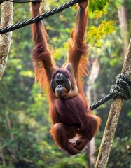 Orangutan Swinging through the Dense Canopy of a Borneo Rainforest