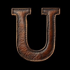 Leather Letter U, Leather Texture Alphabet U Isolated on Black Background, Vintage Texture Typography