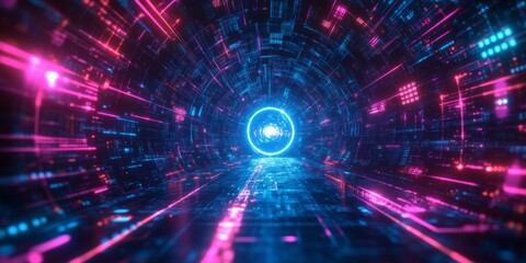 Fototapeta premium Dynamic depiction of a neon tunnel with vibrant blue and red lights, illustrating technological progress.